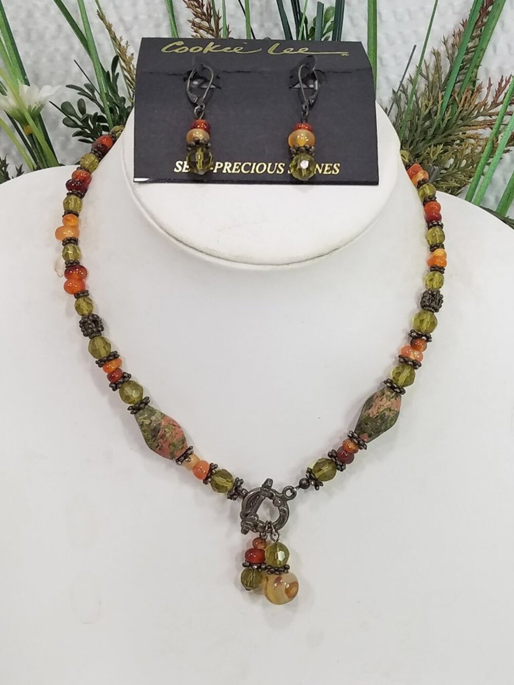 Vintage Cookie Lee Semi Precious Unakite Jasper Choker Necklace Earring Set NWT